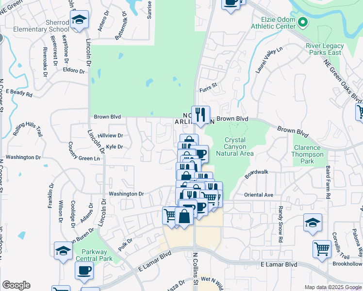 map of restaurants, bars, coffee shops, grocery stores, and more near 2305 Southern Oak Drive in Arlington