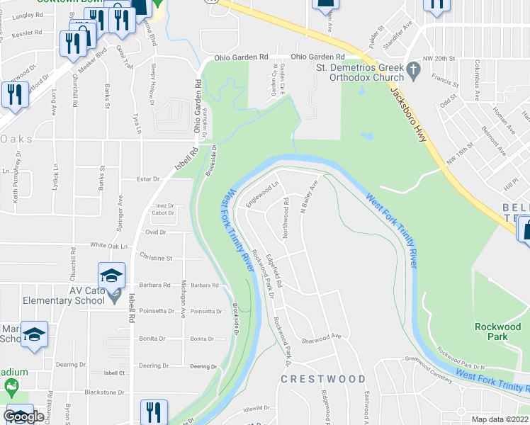 map of restaurants, bars, coffee shops, grocery stores, and more near Driver Ave & Springbrook Dr in Fort Worth