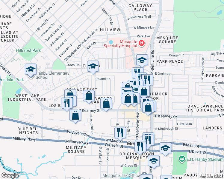map of restaurants, bars, coffee shops, grocery stores, and more near 714 Pebble Creek Lane in Mesquite