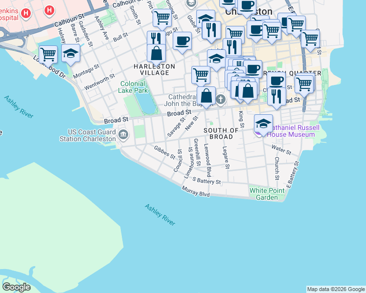 map of restaurants, bars, coffee shops, grocery stores, and more near 8 Council Street in Charleston