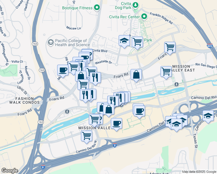map of restaurants, bars, coffee shops, grocery stores, and more near 7980 Mission Center Court in San Diego