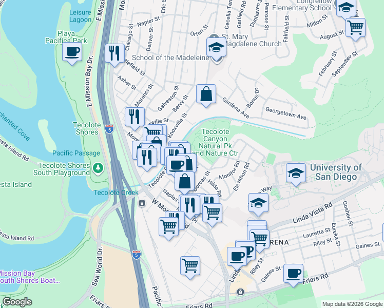 map of restaurants, bars, coffee shops, grocery stores, and more near 4916 Lillian Street in San Diego