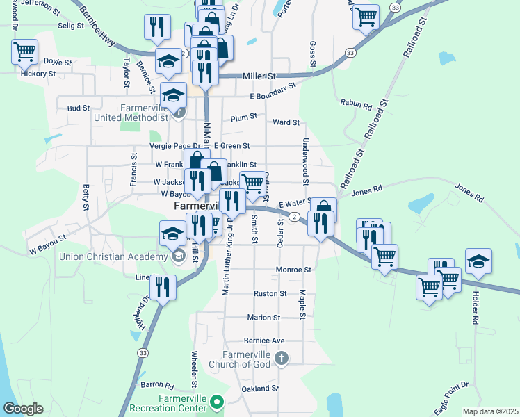 map of restaurants, bars, coffee shops, grocery stores, and more near East Water Street in Farmerville