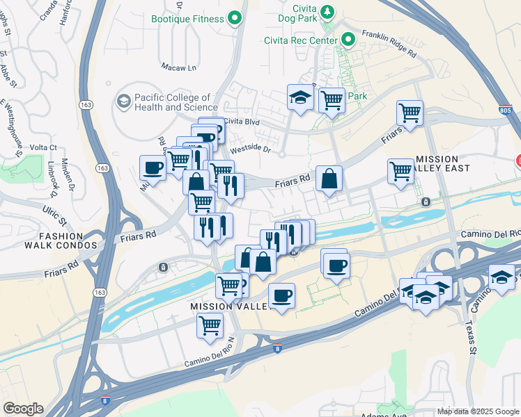 map of restaurants, bars, coffee shops, grocery stores, and more near 7974 Mission Center Court in San Diego