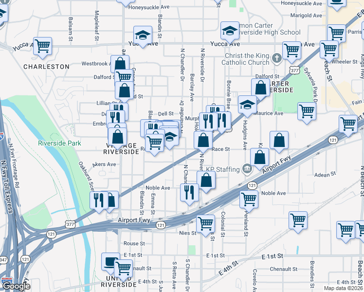map of restaurants, bars, coffee shops, grocery stores, and more near 3021 Race Street in Fort Worth