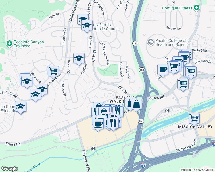 map of restaurants, bars, coffee shops, grocery stores, and more near 7263 Camino Degrazia in San Diego