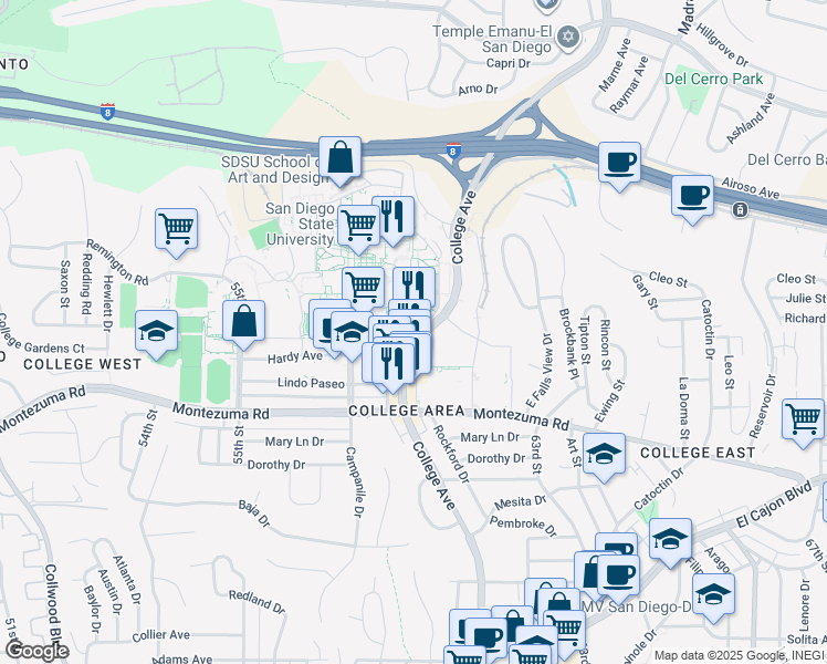 map of restaurants, bars, coffee shops, grocery stores, and more near 6320 Aztec Walk East in San Diego