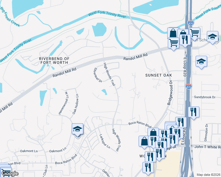 map of restaurants, bars, coffee shops, grocery stores, and more near 6154 Indigo Court in Fort Worth
