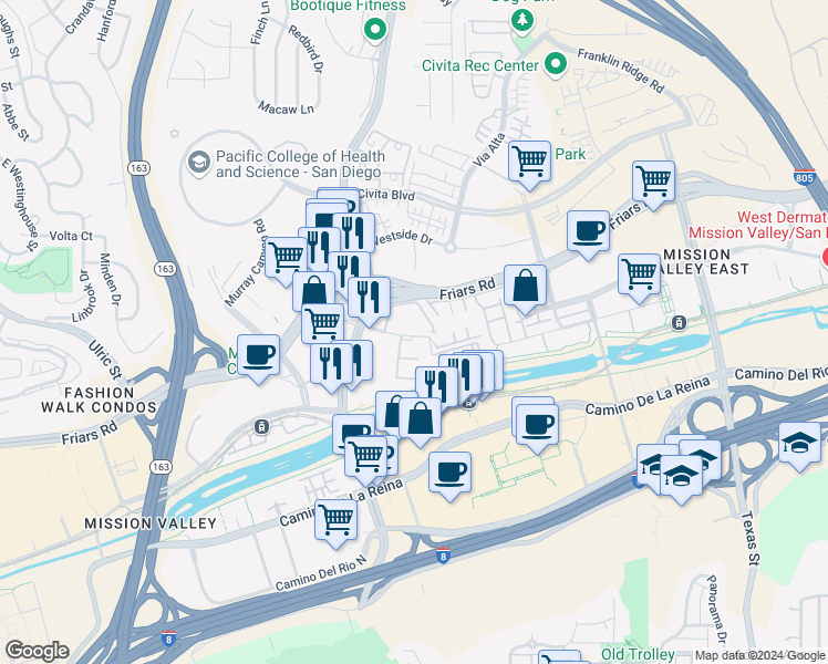 map of restaurants, bars, coffee shops, grocery stores, and more near 7970 Mission Center Court in San Diego