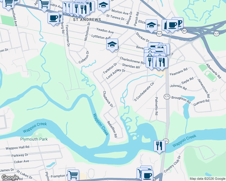 map of restaurants, bars, coffee shops, grocery stores, and more near 114 Chadwick Dr in Charleston
