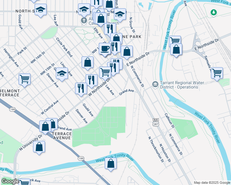 map of restaurants, bars, coffee shops, grocery stores, and more near 1204 Lee Avenue in Fort Worth