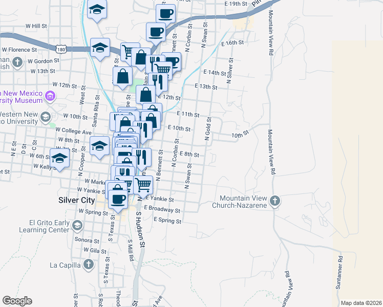 map of restaurants, bars, coffee shops, grocery stores, and more near 601-699 East 8th Street in Silver City
