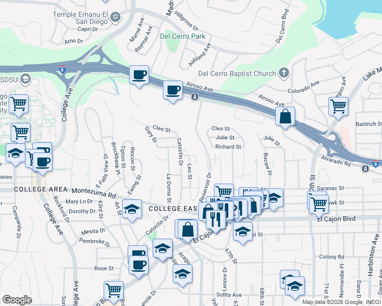 map of restaurants, bars, coffee shops, grocery stores, and more near 6544 Roxy Lane in San Diego