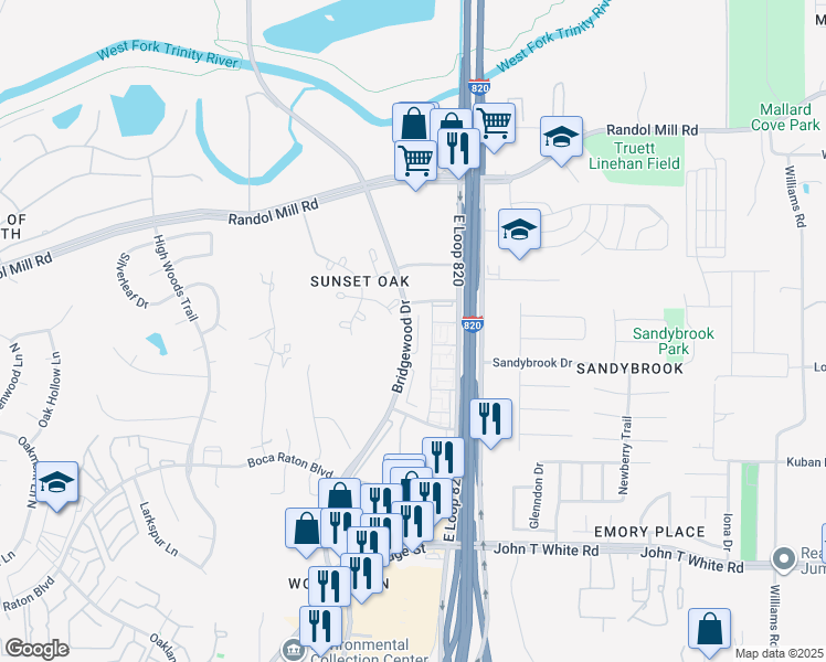 map of restaurants, bars, coffee shops, grocery stores, and more near 412 Signal Hill Court North in Fort Worth