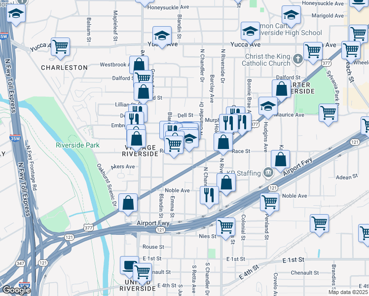 map of restaurants, bars, coffee shops, grocery stores, and more near 2905 Race Street in Fort Worth