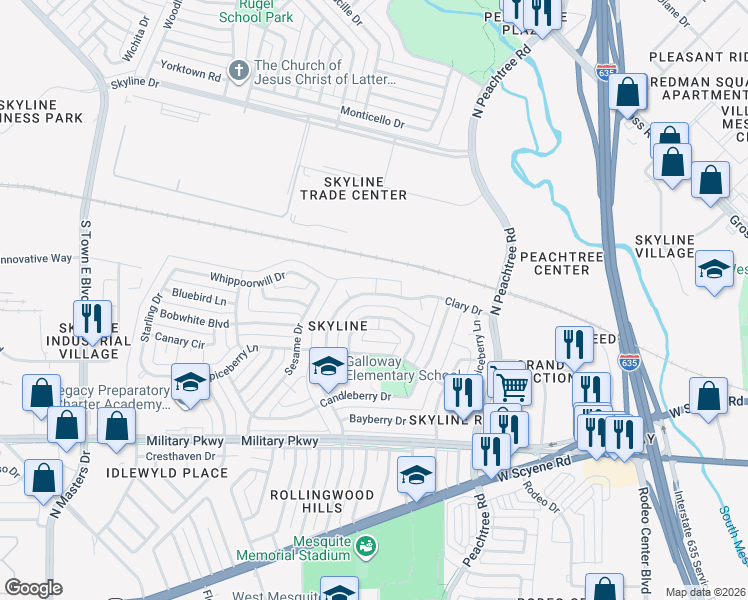 map of restaurants, bars, coffee shops, grocery stores, and more near 418 Clary Drive in Mesquite
