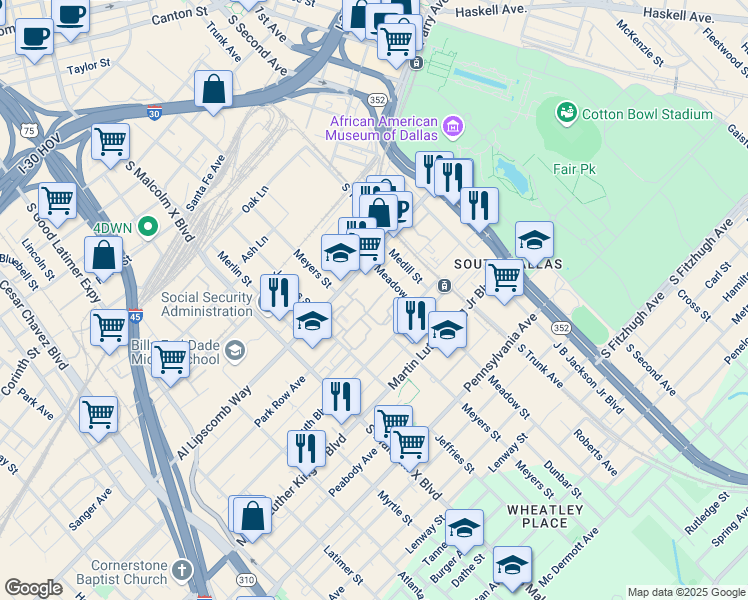 map of restaurants, bars, coffee shops, grocery stores, and more near 3017 Park Row Avenue in Dallas