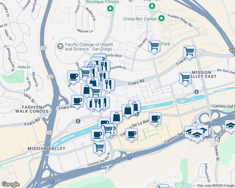 map of restaurants, bars, coffee shops, grocery stores, and more near 7946 Mission Center Road in San Diego