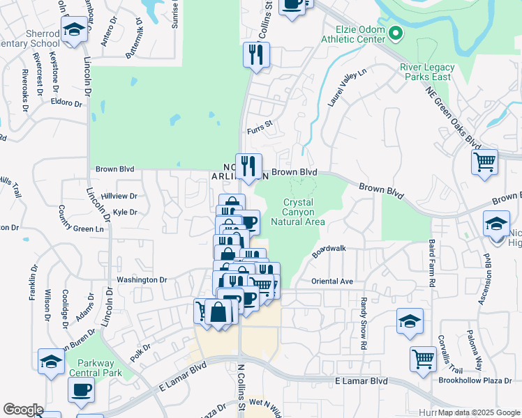 map of restaurants, bars, coffee shops, grocery stores, and more near 2361 North Collins Street in Arlington