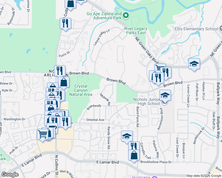 map of restaurants, bars, coffee shops, grocery stores, and more near 2402 Meandering Way in Arlington