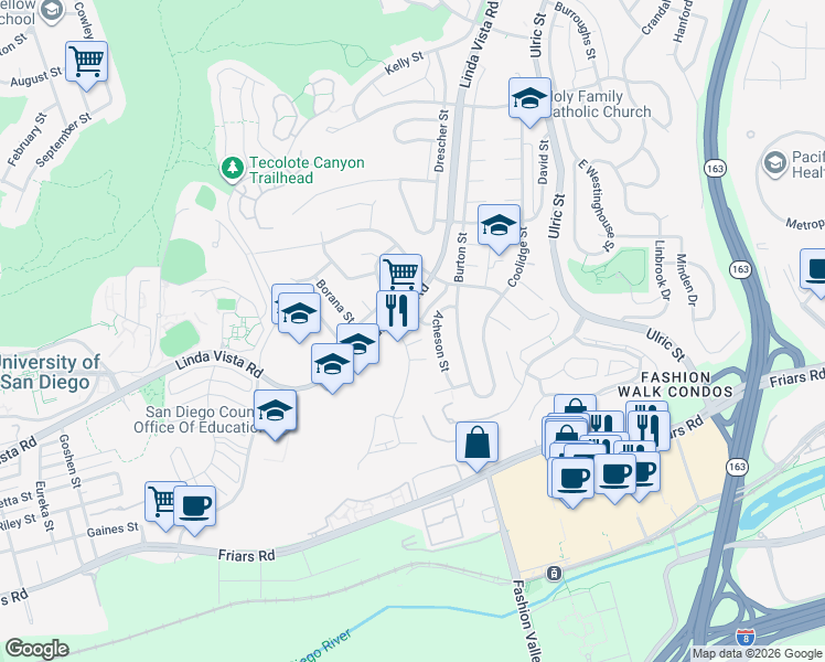 map of restaurants, bars, coffee shops, grocery stores, and more near 1565 Northrim Court in San Diego