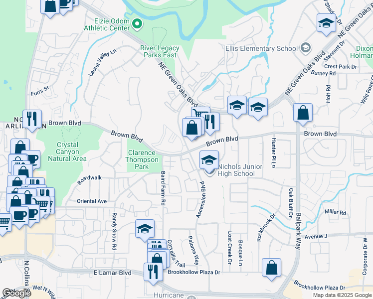 map of restaurants, bars, coffee shops, grocery stores, and more near 2402 Ascension Boulevard in Arlington