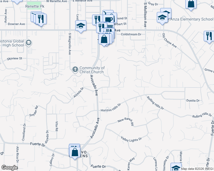 map of restaurants, bars, coffee shops, grocery stores, and more near 486 Skywood Drive in El Cajon