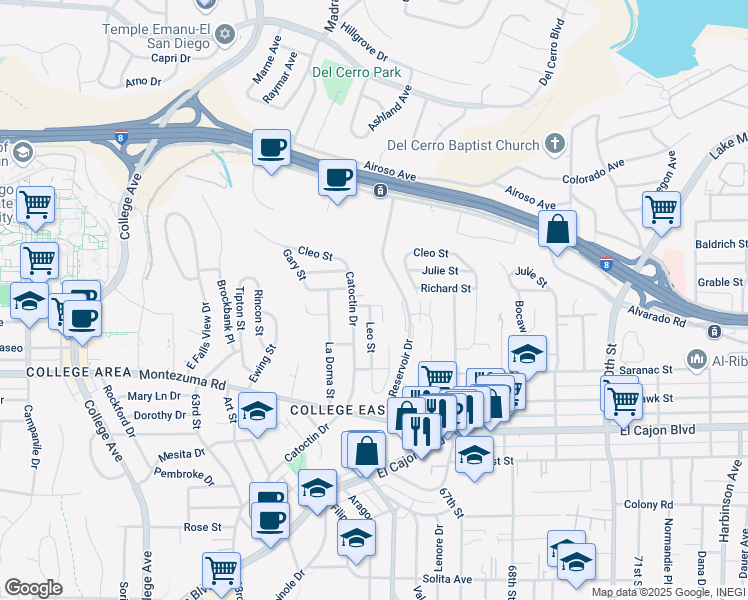 map of restaurants, bars, coffee shops, grocery stores, and more near 6544 Roxy Lane in San Diego