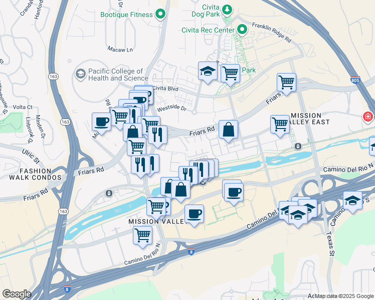 map of restaurants, bars, coffee shops, grocery stores, and more near 7960 Mission Center Court in San Diego