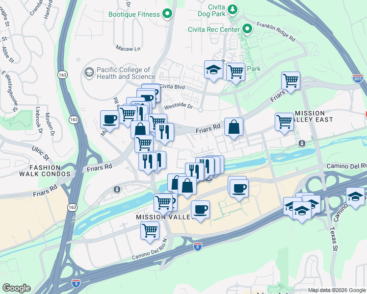 map of restaurants, bars, coffee shops, grocery stores, and more near 7960 Mission Center Court in San Diego