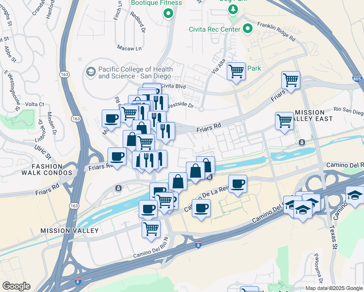 map of restaurants, bars, coffee shops, grocery stores, and more near 7930 Mission Center Court in San Diego
