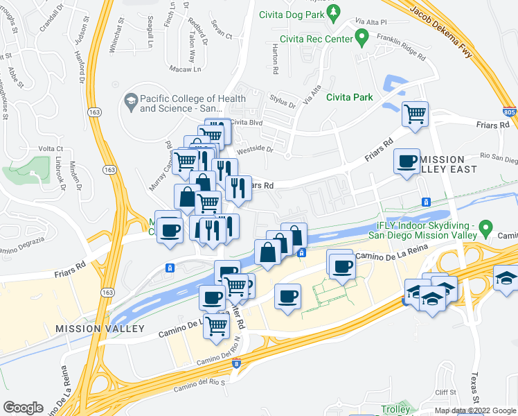 map of restaurants, bars, coffee shops, grocery stores, and more near 7930 Mission Center Court in San Diego