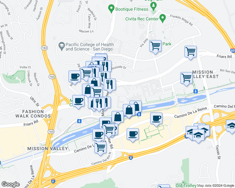 map of restaurants, bars, coffee shops, grocery stores, and more near 7930 Mission Center Court in San Diego