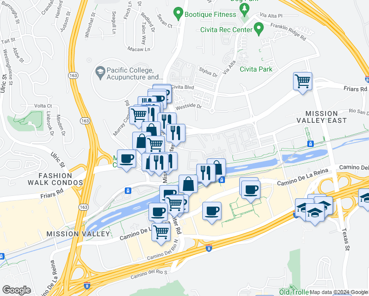 map of restaurants, bars, coffee shops, grocery stores, and more near 7930 Mission Center Court in San Diego