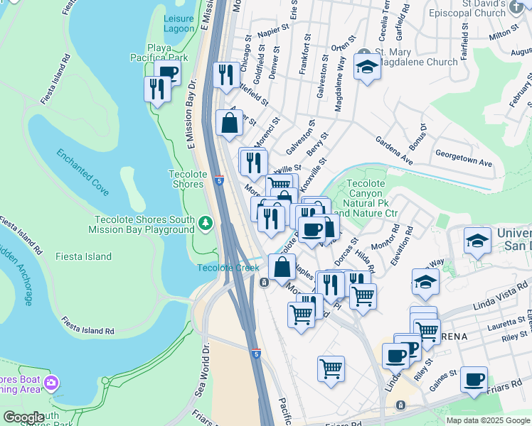 map of restaurants, bars, coffee shops, grocery stores, and more near 1476 Morena Boulevard in San Diego