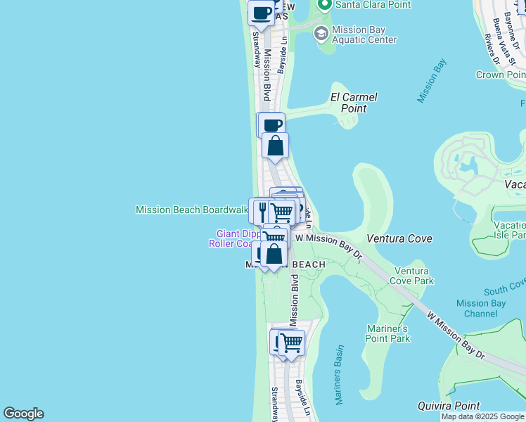 map of restaurants, bars, coffee shops, grocery stores, and more near 3265 Ocean Front Walk in San Diego