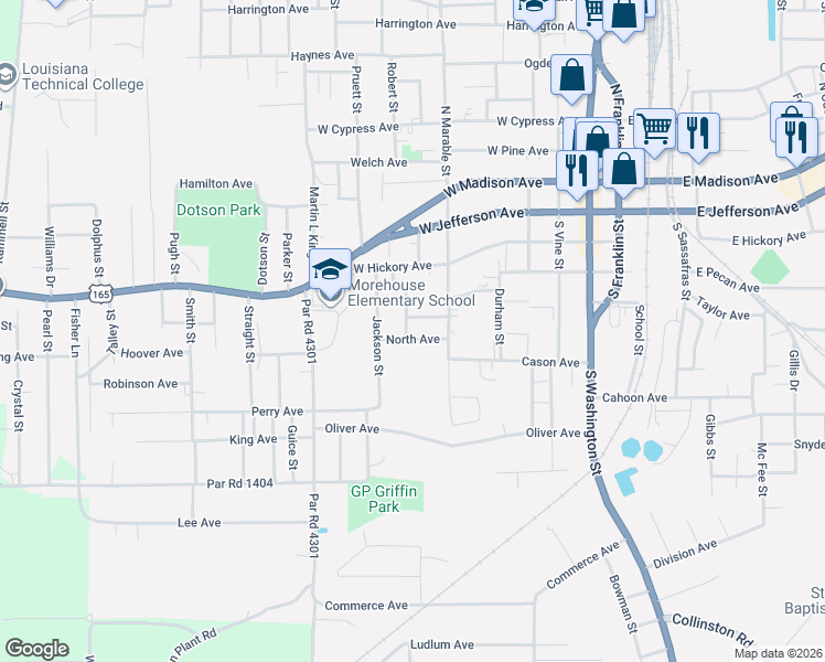 map of restaurants, bars, coffee shops, grocery stores, and more near 401-619 Wright Street in Bastrop