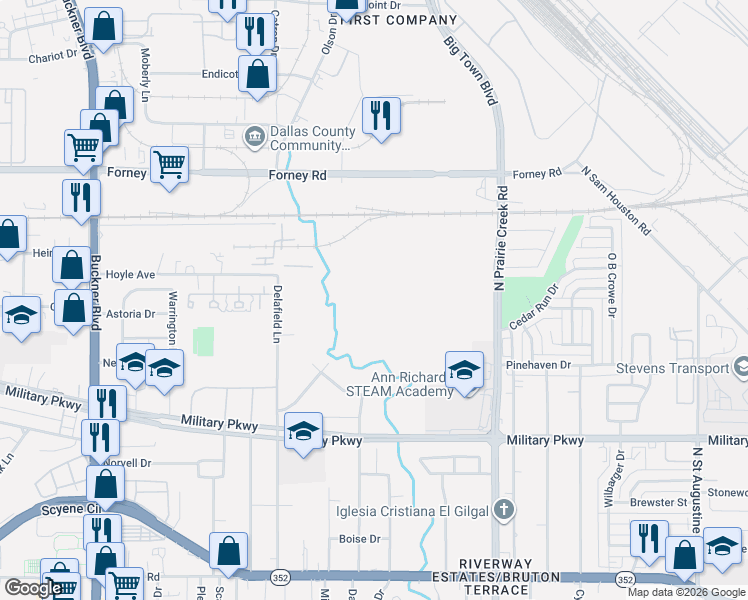 map of restaurants, bars, coffee shops, grocery stores, and more near 4000 South Buckner Boulevard in Dallas