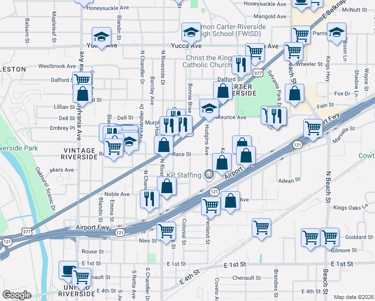 map of restaurants, bars, coffee shops, grocery stores, and more near 3401 Race Street in Fort Worth