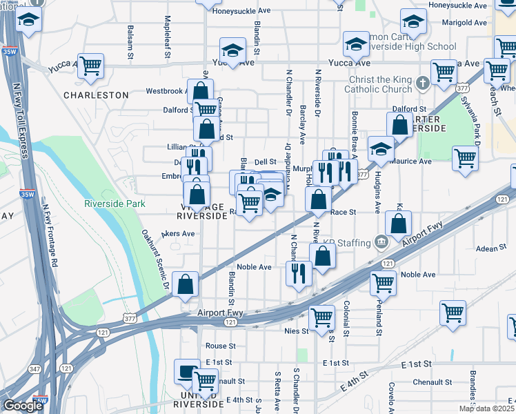map of restaurants, bars, coffee shops, grocery stores, and more near 2905 Race Street in Fort Worth