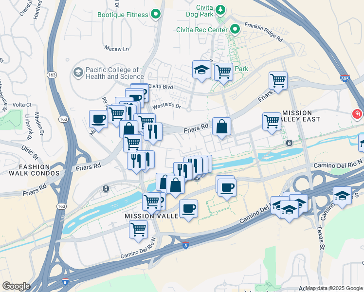 map of restaurants, bars, coffee shops, grocery stores, and more near 7960 Mission Center Court in San Diego