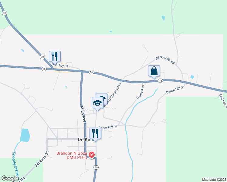 map of restaurants, bars, coffee shops, grocery stores, and more near 607 John C Stennis Avenue in De Kalb