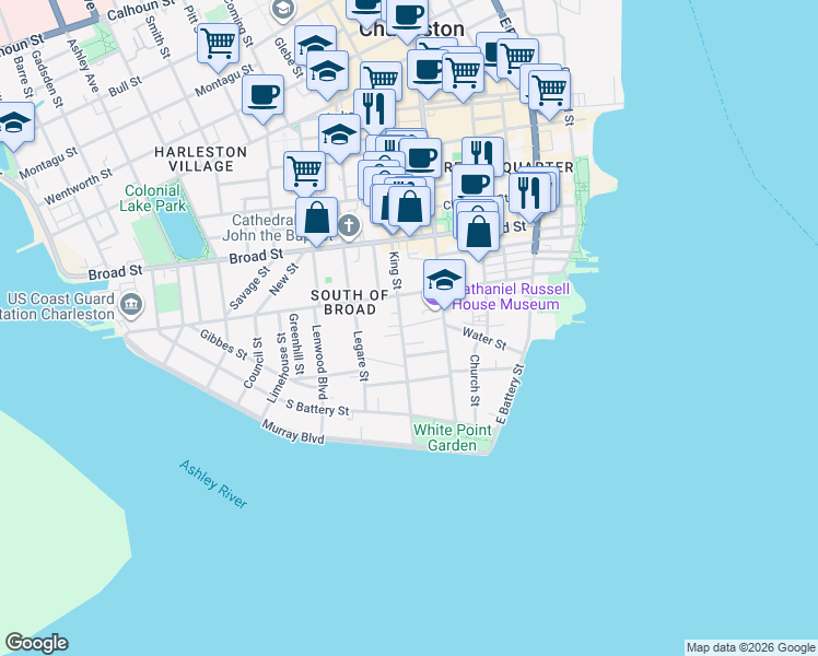 map of restaurants, bars, coffee shops, grocery stores, and more near 15 Price's Alley in Charleston