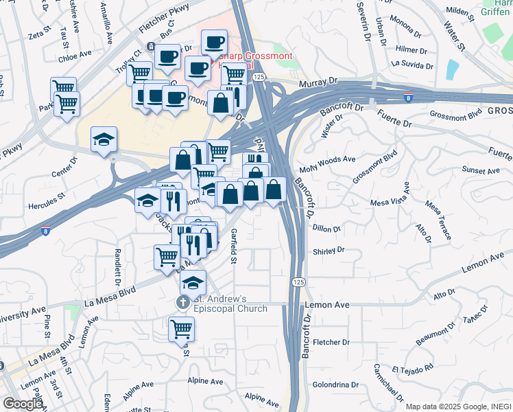 map of restaurants, bars, coffee shops, grocery stores, and more near 8937 Grossmont Boulevard in La Mesa