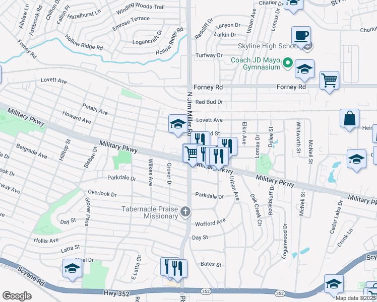map of restaurants, bars, coffee shops, grocery stores, and more near 4087 North Jim Miller Road in Dallas