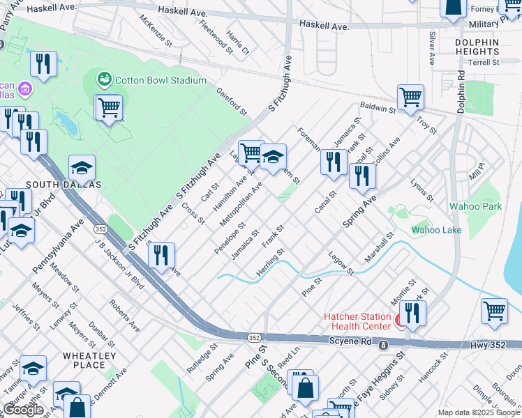 map of restaurants, bars, coffee shops, grocery stores, and more near 4010 Penelope Street in Dallas