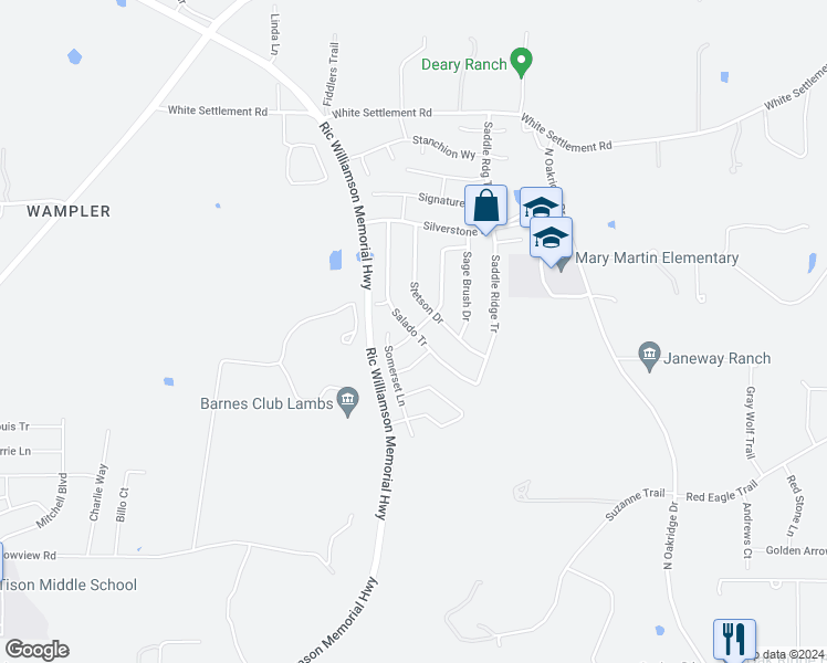 map of restaurants, bars, coffee shops, grocery stores, and more near 1569 Salado Tr in Weatherford