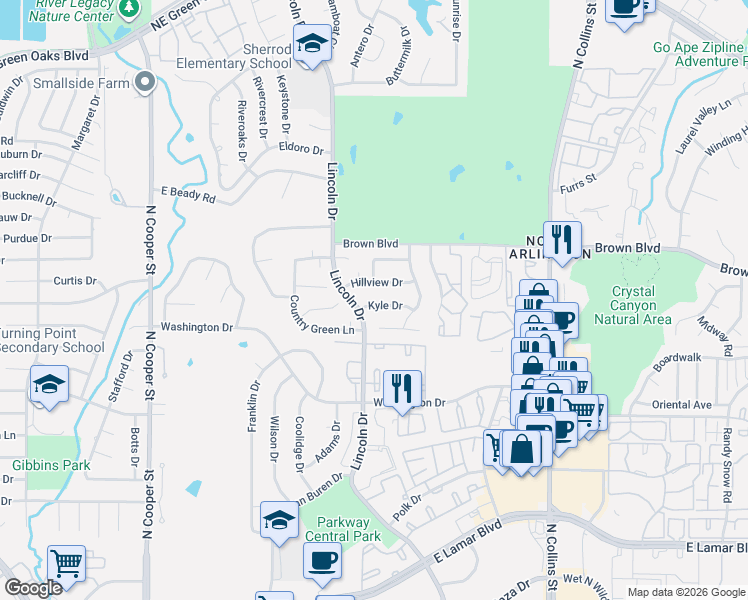 map of restaurants, bars, coffee shops, grocery stores, and more near 709 Kyle Drive in Arlington