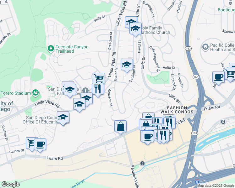 map of restaurants, bars, coffee shops, grocery stores, and more near 1549 Burton Street in San Diego
