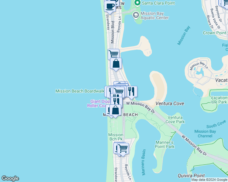map of restaurants, bars, coffee shops, grocery stores, and more near 725 Jamaica Court in San Diego